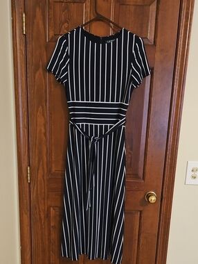 Lauren Ralph Lauren Navy and White Vertical Stripe Tie-Waist Midi Dress